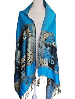 Pashmina Turquoise Blue Shawl with Gold and Black Pattern